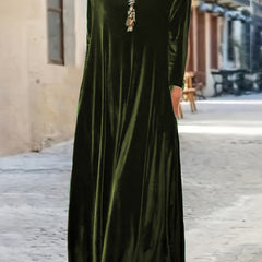 Solid Velvet Long Sleeve Maxi Dress With Pockets