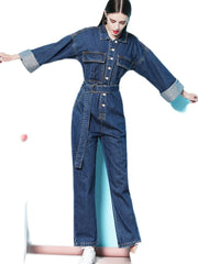 Elastic Band Waist Denim Jumpsuit Long Sleeve Flap Pockets