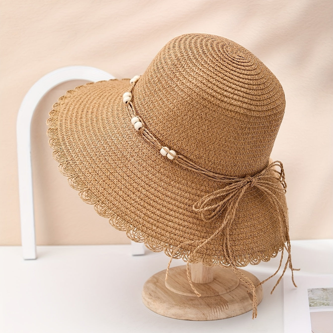 Ruffles Beads Decor Bucket Hat Solid Sun Hat Straw Hat For Women