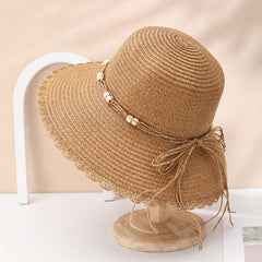 Ruffles Beads Decor Bucket Hat Solid Sun Hat Straw Hat For Women