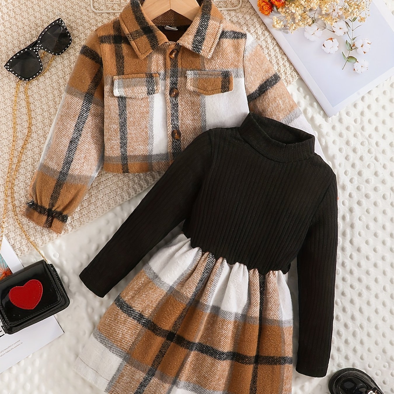 Girl's Plaid Outfit 2pcs Button Jacket & Turtleneck Dress Set