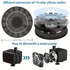 Solar Pond Fountain Bird Bath Pump w/ 6 Nozzles, 1.4W Panel Kit
