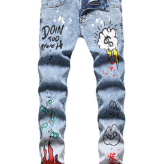 Graphic Print Slim Fit Jeans Men Casual Street Style Stretch Denim Spring