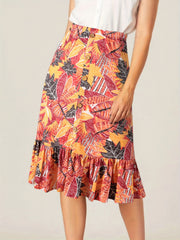 Floral Print High Waist Skirts Ruffle Trim Button Front Bag Hip Skirts