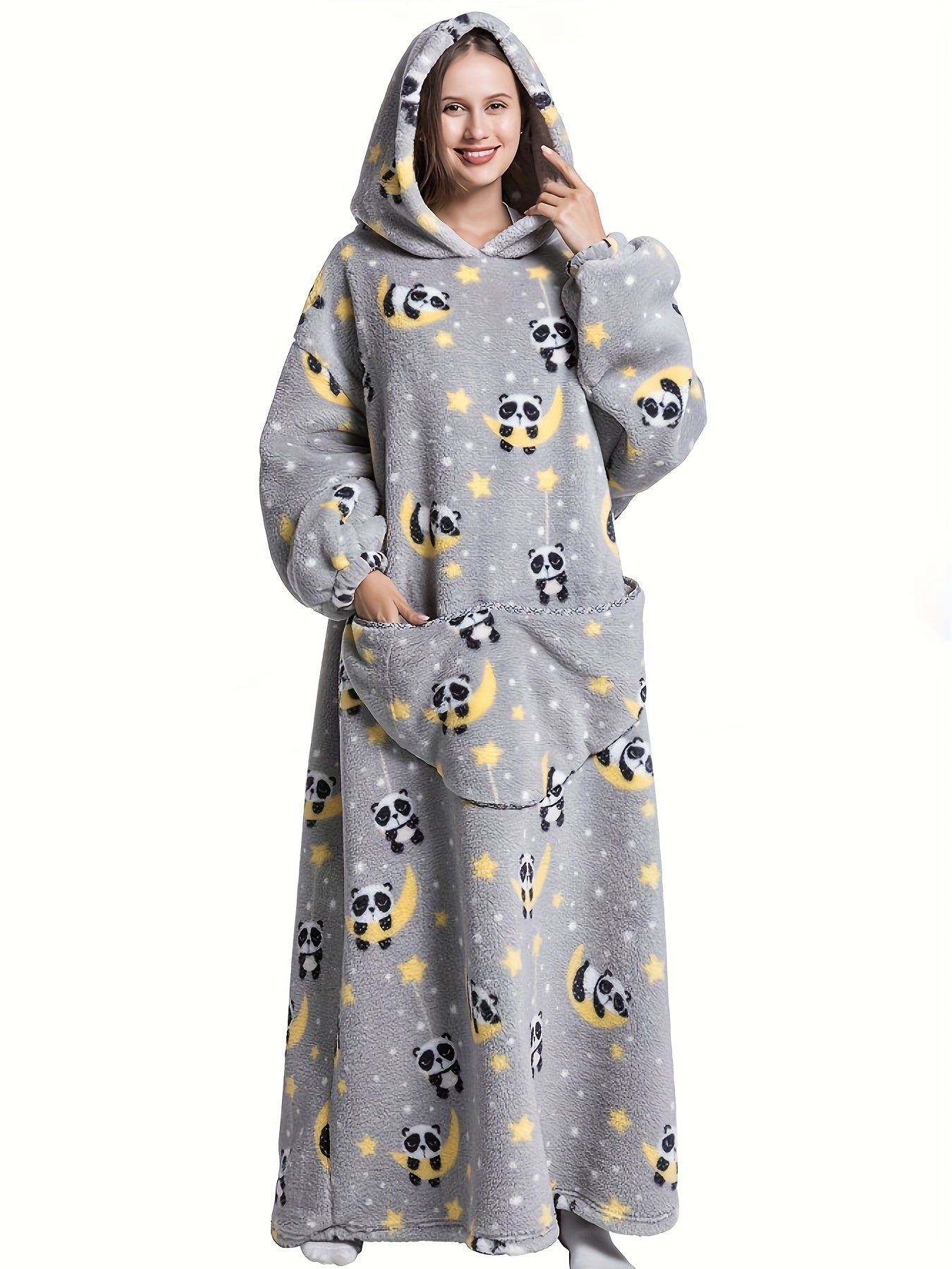 Cartoon Panda Print Hooded Robe with Pockets