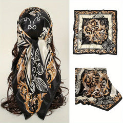 Boho Flower Print Square Scarf Silk Bandana Vintage Satin Shawl