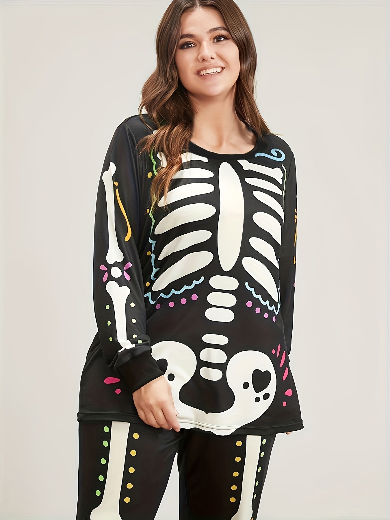 Skeleton Print Long Sleeve Top & Pants Pajama Set