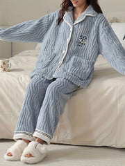 Heart Print Fuzzy Pajama Set Long Sleeve Top & Pants