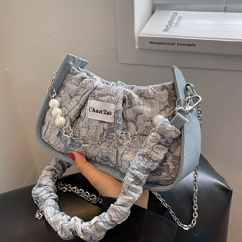 Flower Jacquard Shoulder Bag Chain Crossbody Bag Ruched Underarm Purse