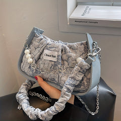 Flower Jacquard Shoulder Bag Chain Crossbody Bag Ruched Underarm Purse