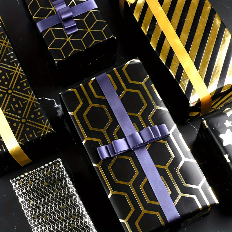 2pcs Golden Gift Wrapping Paper Geometric Pattern Hot Stamping Bright Surface