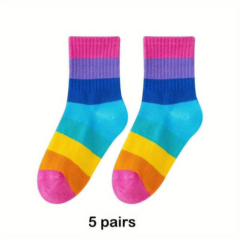 Girl's Rainbow Striped Knitted Crew Socks for Outdoor Wear