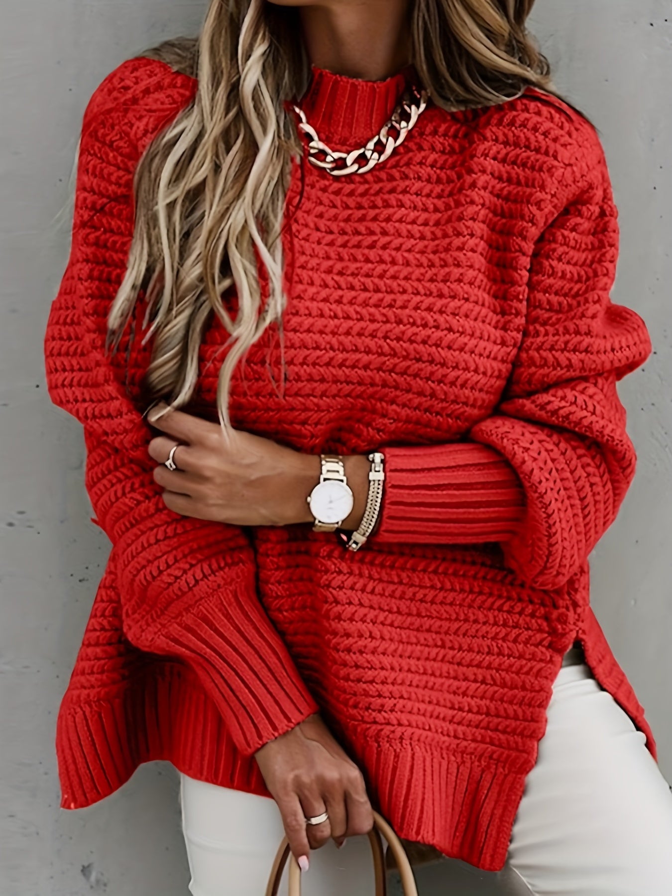 Chunky Knit Mock Neck Sweater Split Pullover for Fall & Winter Women's Clothing