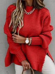 Chunky Knit Mock Neck Sweater Split Pullover for Fall & Winter Women's Clothing