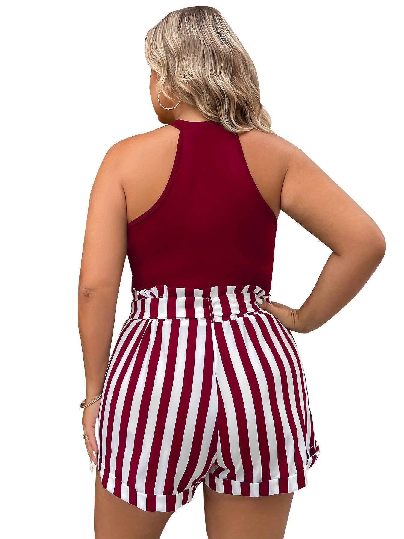 Casual 2 Piece Set: Solid Tank Top & Stripe Print Shorts with Pockets