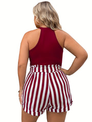 Casual 2 Piece Set: Solid Tank Top & Stripe Print Shorts with Pockets