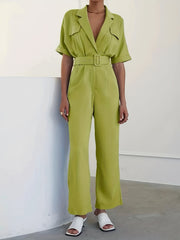 Wide Leg Belted Jumpsuit Notched Collar Short Sleeve Jumpsuit