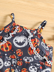 Cute Pumpkin Print Suspender Pants for Baby Girl's Halloween Costume