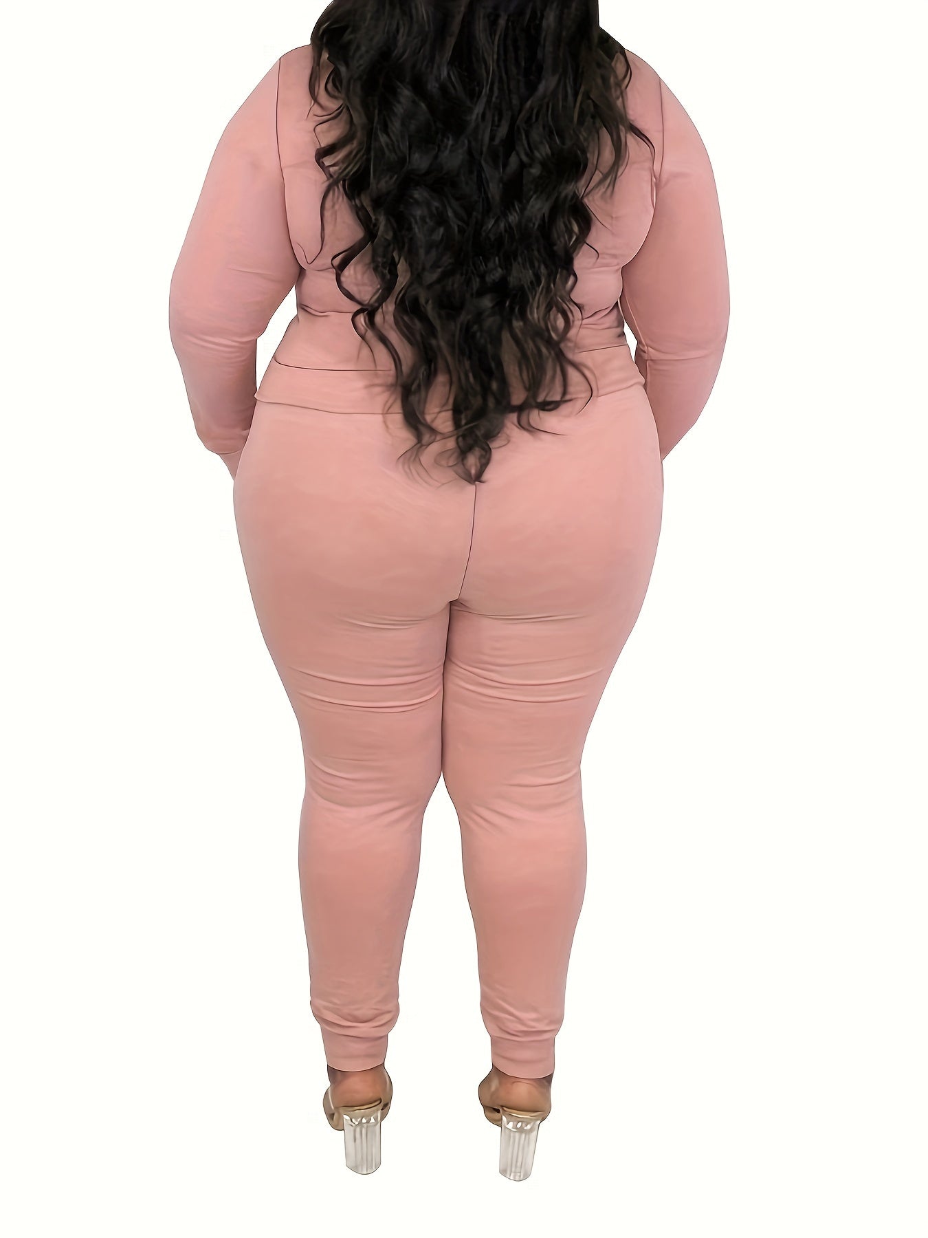 Plus Solid Zip Up Hoodie & Pants 2 Piece Set