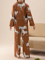Horse Print Pajama Set Long Sleeve Top & Pants Women's Sleepwear