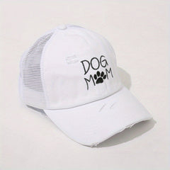 DOG MOM Embroidery Ponytail Baseball Cap Ripped Washed Distressed Sun Hat