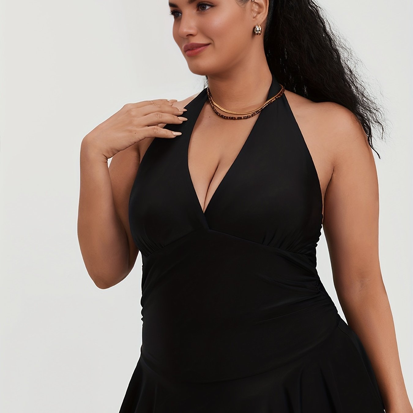 Women's Plus Solid Ruffle Trim Halter Neck One Piece Swimsuit