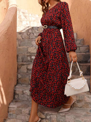 Floral Print V Neck Maxi Dress Long Sleeve High Waist