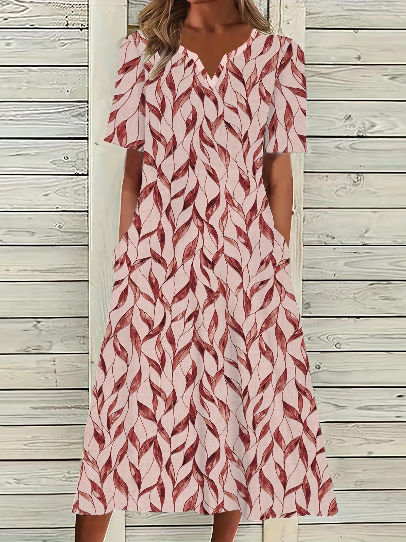 Leaf Print Short Sleeve Dress With Pockets