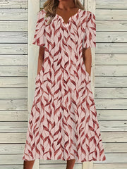 Leaf Print Short Sleeve Dress With Pockets