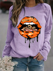 Lip Print Sweatshirt Long Sleeve Crew Neck Casual Pullover