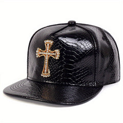 Rhinestone Metal Cross Baseball Cap Solid PU Leather Hip Hop Sports Hats