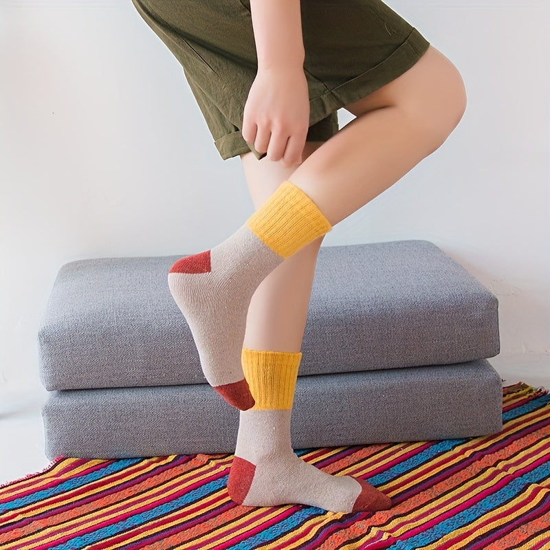 5 Pairs Colorblock Crew Socks Warm Mid Tube Women's Stockings
