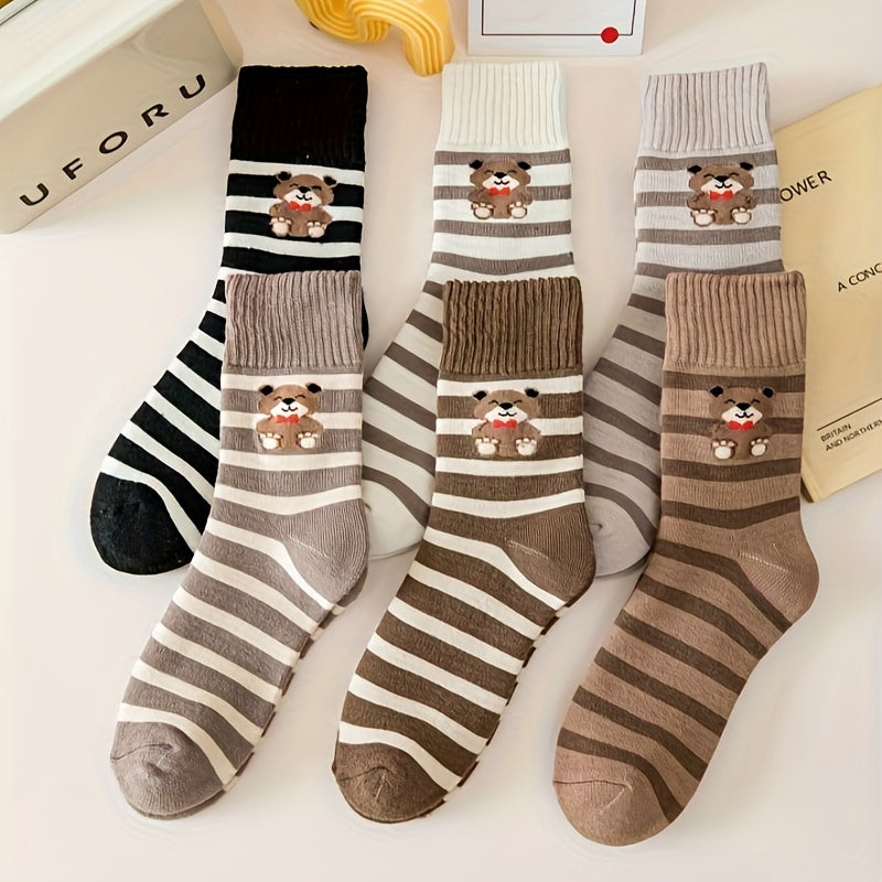 6 Pairs Plus Size Knee Socks Set Bear Plush Lined Thermal Mid Calf