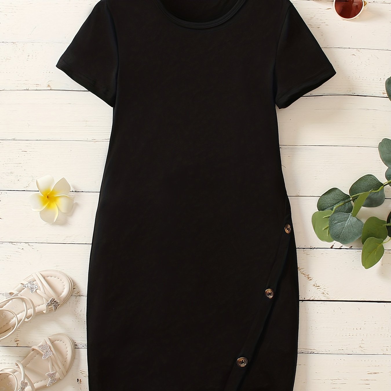 Girls Casual Button Short Sleeve Dress