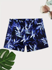 Men's Leaf Print Swim Boxers Hawaiian Style Swimsuit Shorts