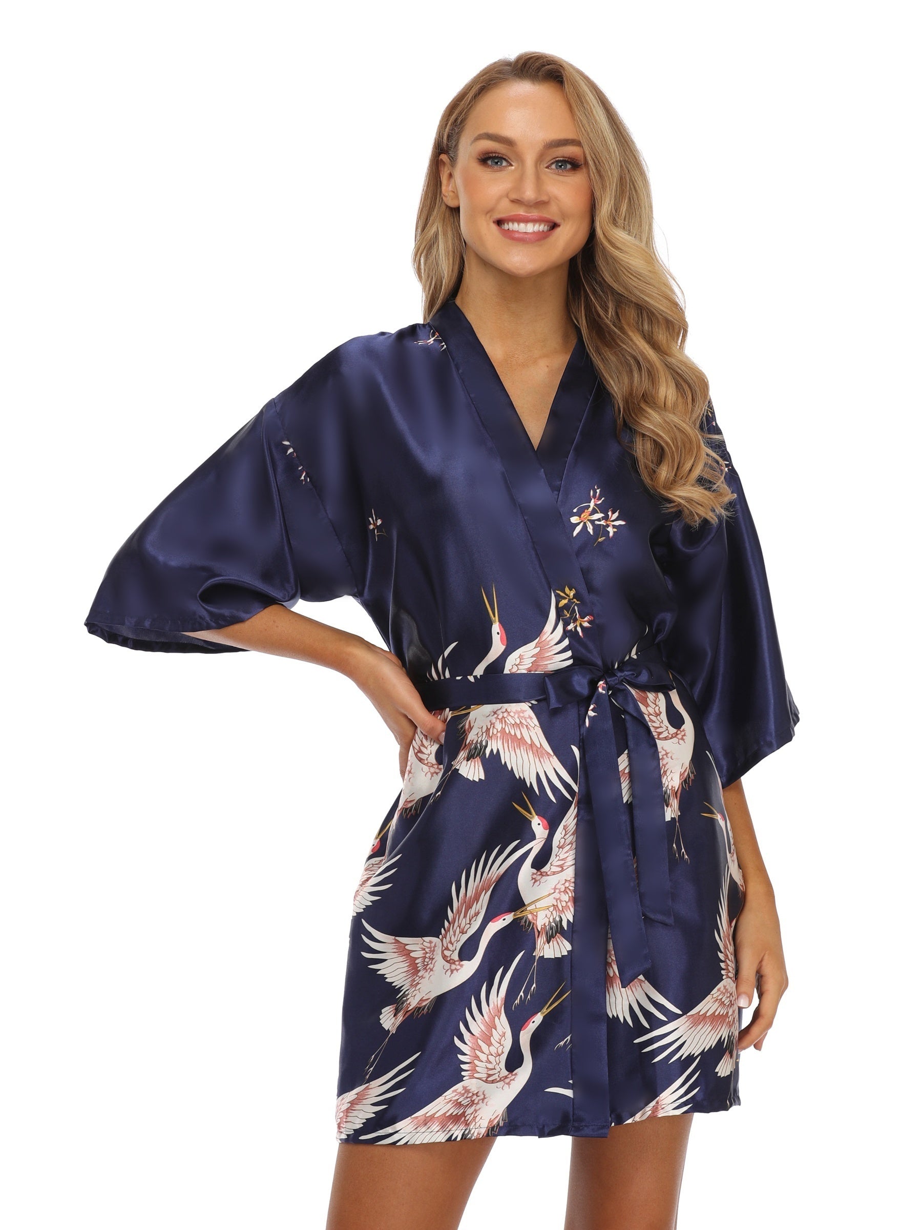 Crane Print Night Robe Long Sleeve V Neck Robe With Belt Women's Sleepwear