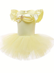 Girls Yellow Tulle Tutu Mesh Dress With Rhinestone Decoration