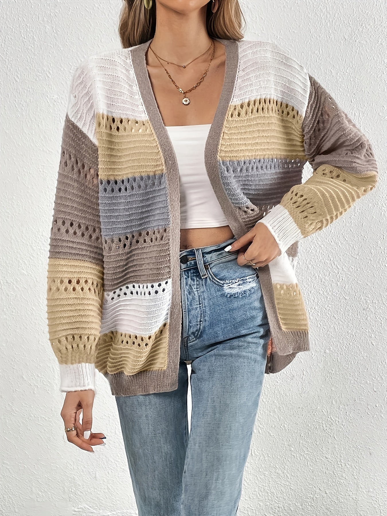 Cut Out Block Knit Cardigan Long Sleeve Sweater