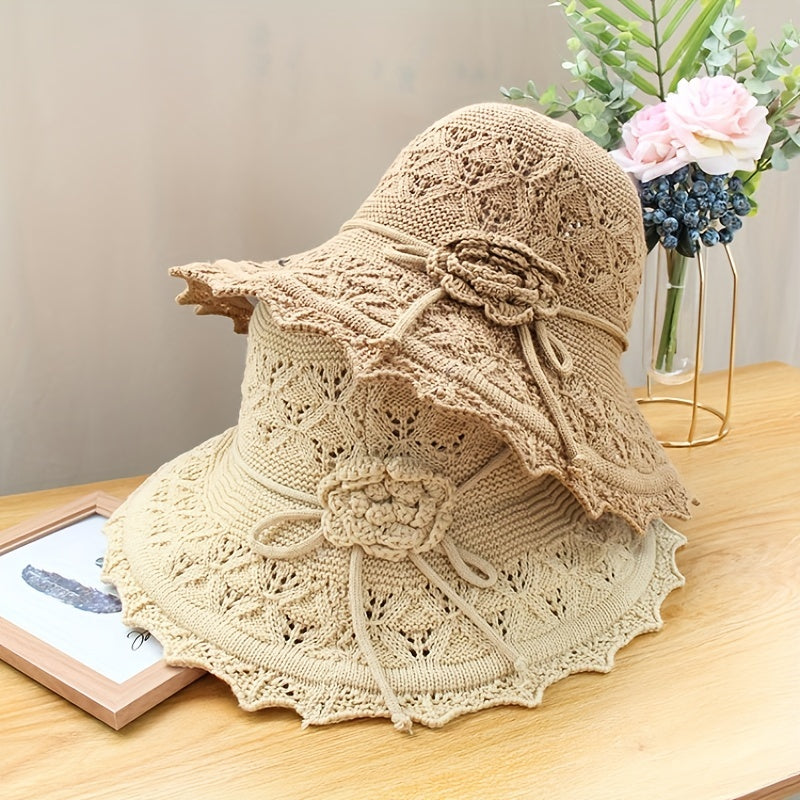 Ruffles Knitted Bucket Hat Flower Decor Foldable Travel Beach Hat