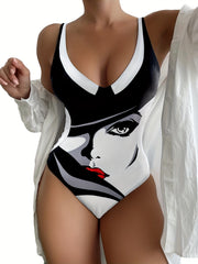 Face Portrait Print Scoop Neck One Piece Swimsuit