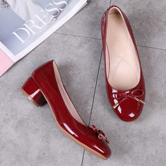 Women's Bowknot Mid Heel Wedding Shoes Soft sole Round Toe PU Leather
