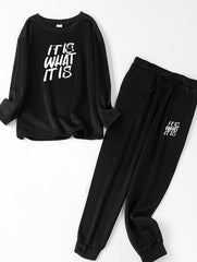 Women's Plus Size Slogan Print Fleece Lounge Set