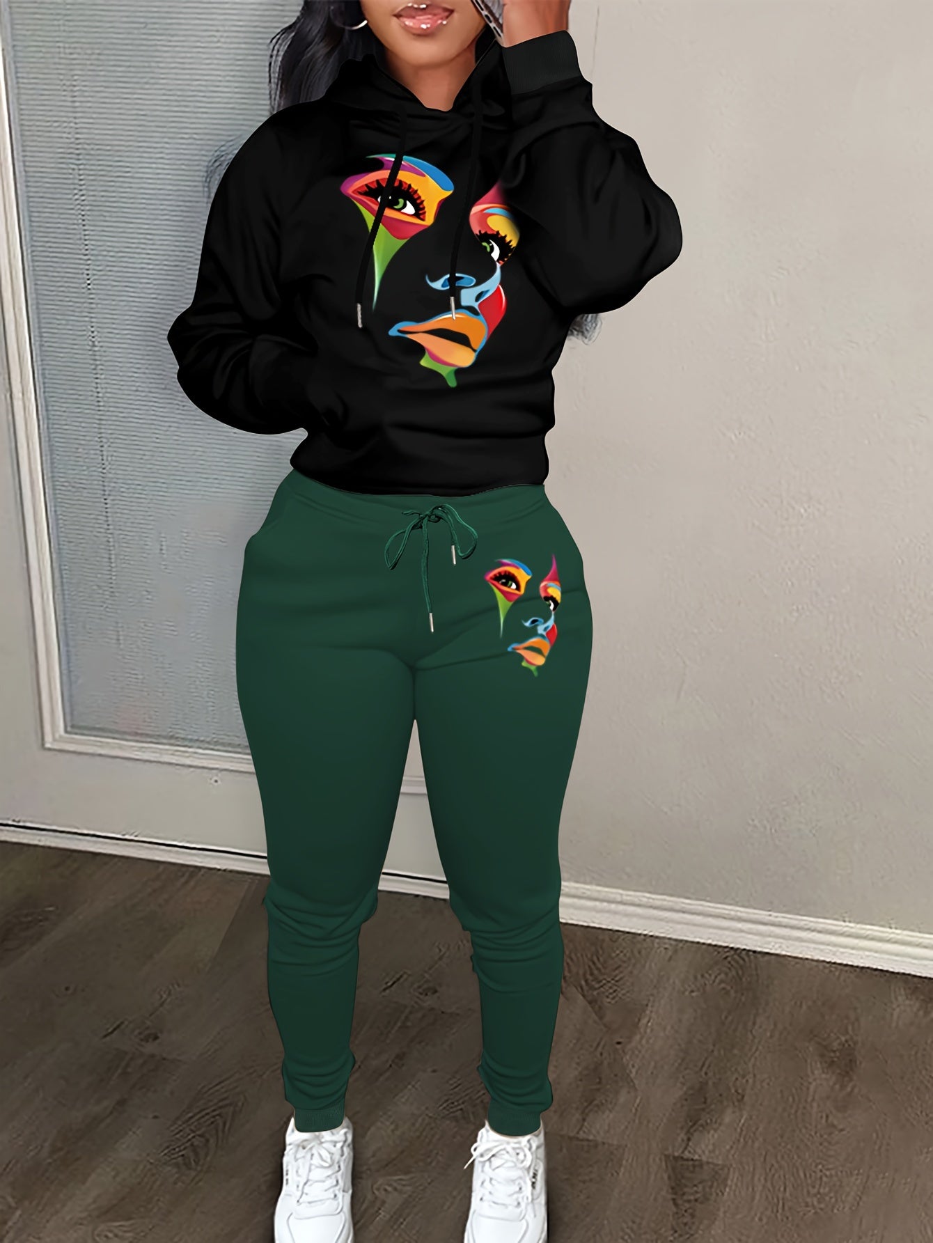 Women's Plus Size Abstract Figure Print Hoodie & Joggers 2 Piece Set