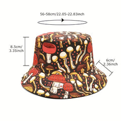 Brown Mushroom Print Bucket Hat Reversible Cartoon Sunscreen Basin Hat