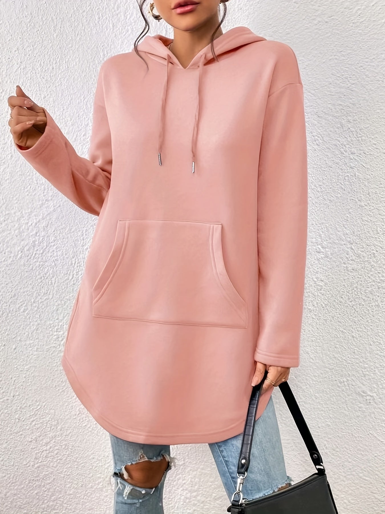 Solid Kangaroo Pocket Hoodie Casual Long Sleeve Drawstring Hoodies Sweatshirt