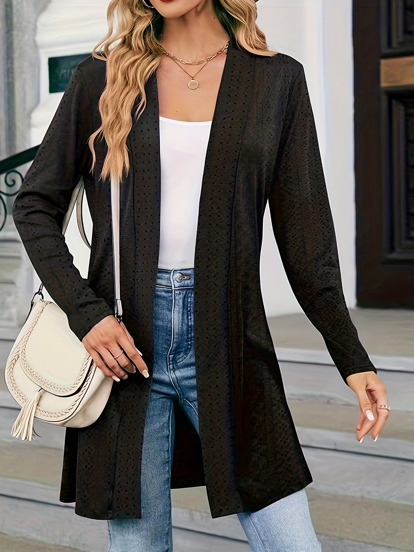 Solid Eyelet Embroidered Long Sleeve Open Front Cardigan