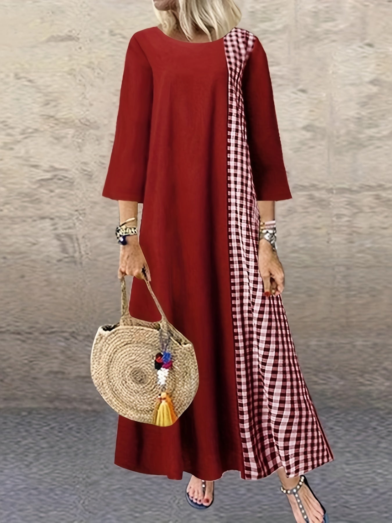 Colorblock Plaid Print Three Quarter Sleeve Round Neck Maxi Dress