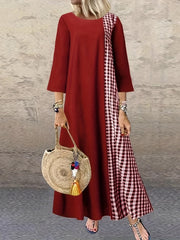 Colorblock Plaid Print Three Quarter Sleeve Round Neck Maxi Dress