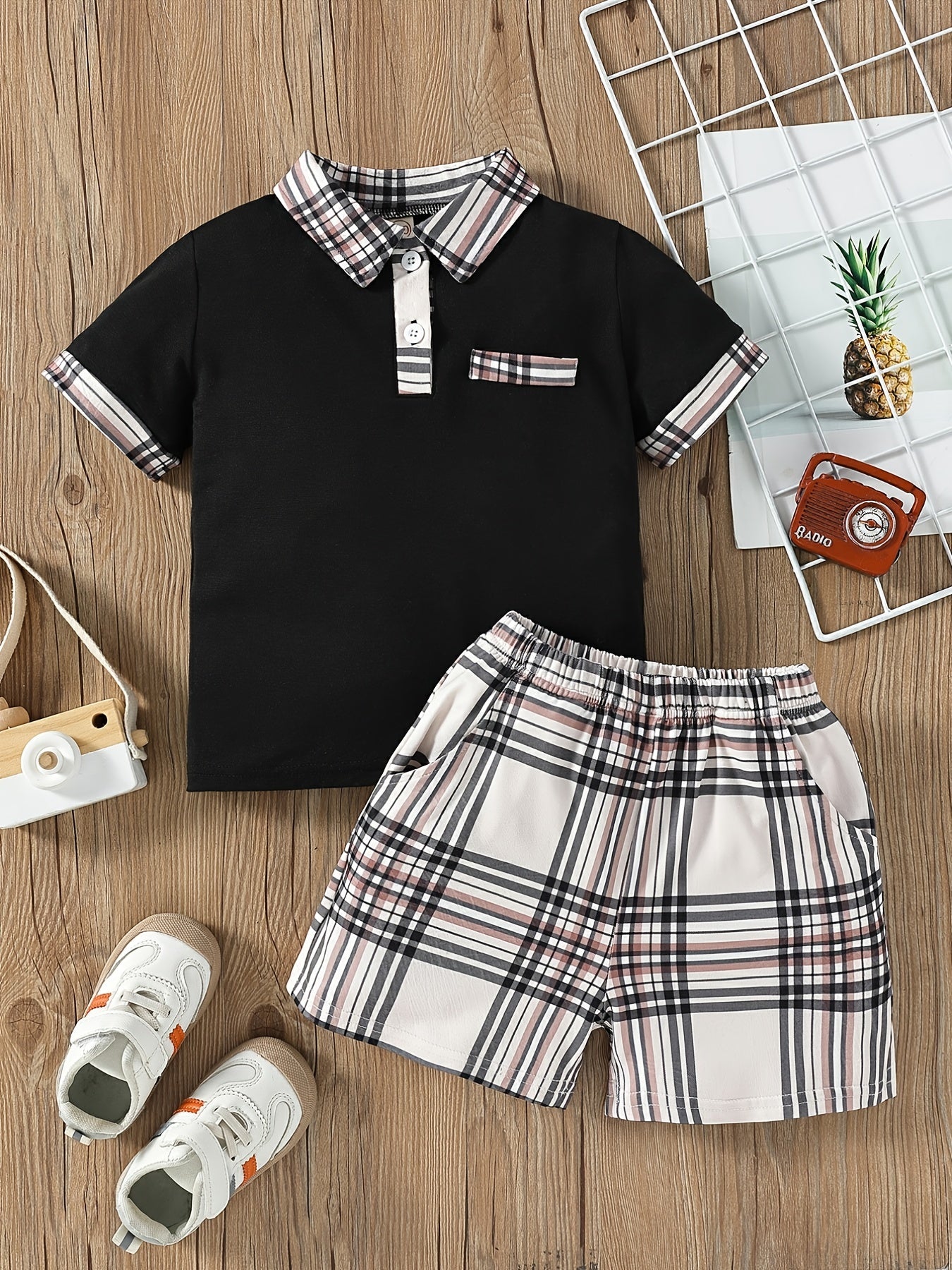 Boys Plaid Outfit Shorts & Polo Shirt Casual Summer Kids Clothes
