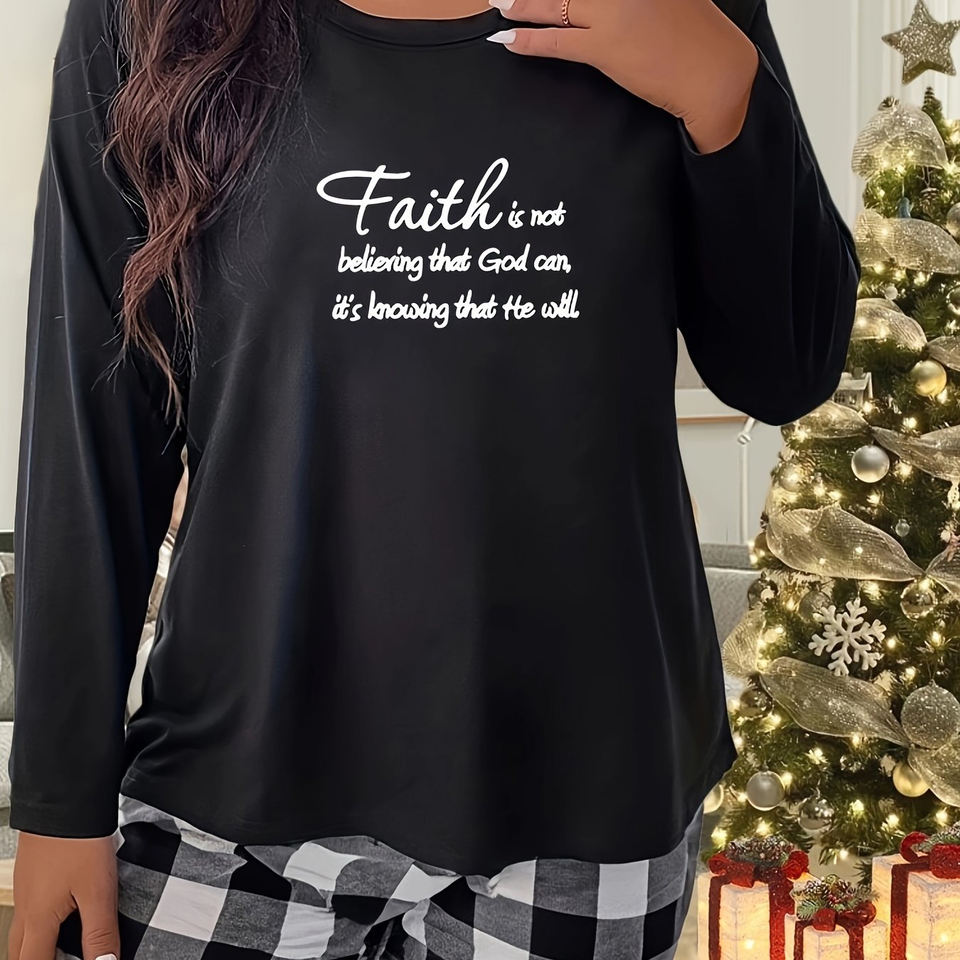 Women's Plus Letter Graphic Long Sleeve Crew Neck Stretch Tee for Home Wear
